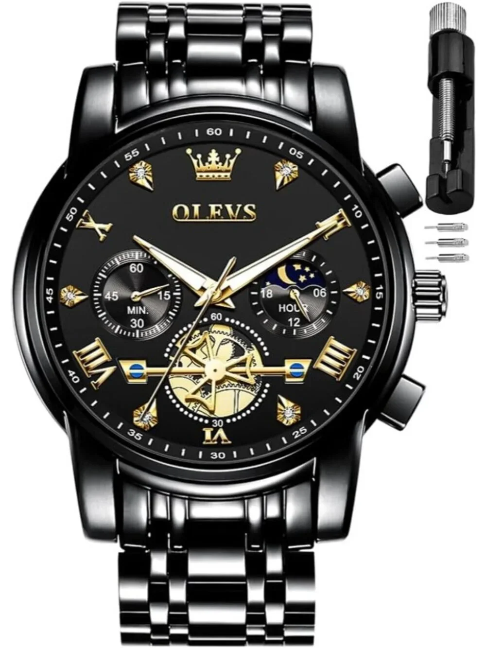 Men's Black Skeleton Stainless Steel Diamond Multi Calendar Chronograph Watch